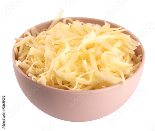 shredded mozzarella cheese in a pink bowl, isolated on a transparent background photo