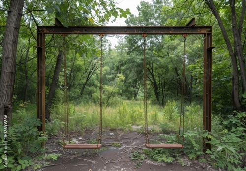 An abandoned playground with rusty, broken swings and overgrown weeds taking over the play area