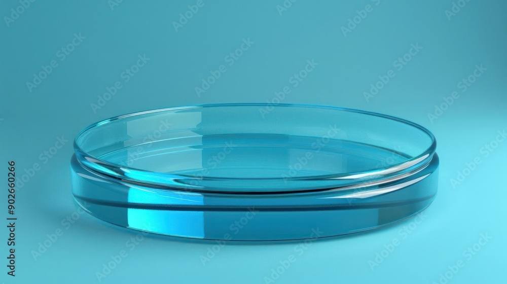 A clear glass dish is sitting on a blue background A clear glass dish is sitting on a blue background
