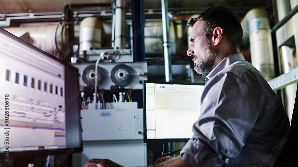 A man in a lab coat works on a computer. A man in a lab coat works on a computer.