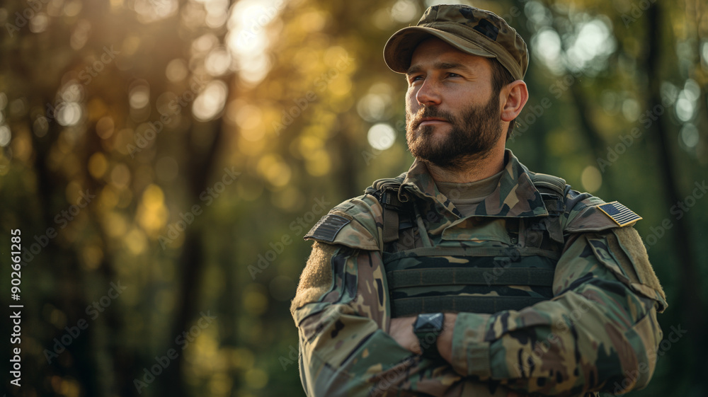 Confident Soldier Standing in Forest Confident Soldier Standing in Forest