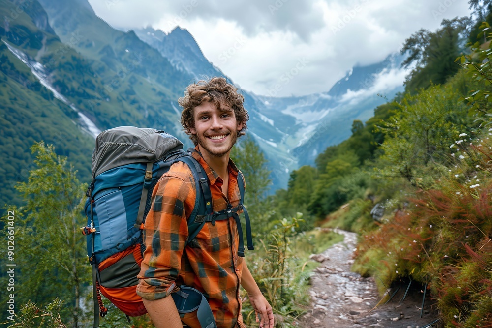 Naklejka premium A happy young hiker and backpacker enjoying the breathtaking scenery while strolling along a trail, Generative AI.