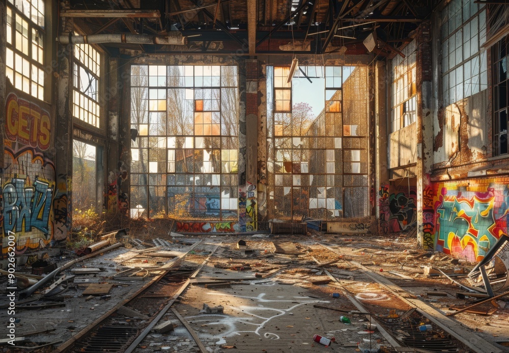 The interior of a deserted industrial warehouse, with broken windows, debris on the floor, and graffiti on the walls The interior of a deserted industrial warehouse, with broken windows, debris on the floor, and graffiti on the walls