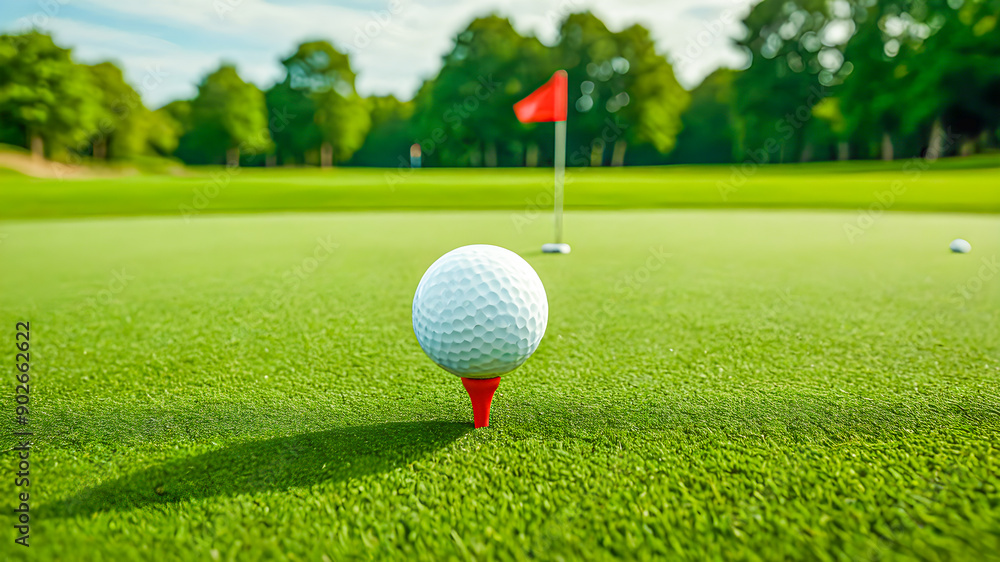 Summer outdoor sport concept, recreational freedom activity. White golf ball on tee with golf course in the background. Close-up golf ball on tee with blur green bokeh background. Generative AI Summer outdoor sport concept, recreational freedom activity. White golf ball on tee with golf course in the background. Close-up golf ball on tee with blur green bokeh background. Generative AI