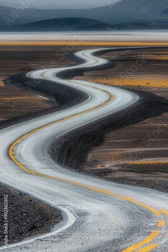 Winding Road through the Desert with Dramatic Sky and Bold Colors, Capturing Scenic Pathways and Wilderness photo