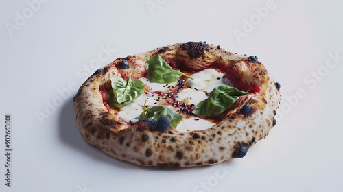 Closeup of a delicious pizza with basil and mozzarella cheese.