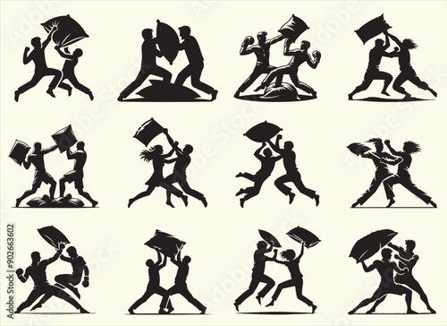 Pillow Fight Silhouette Vector Illustratio