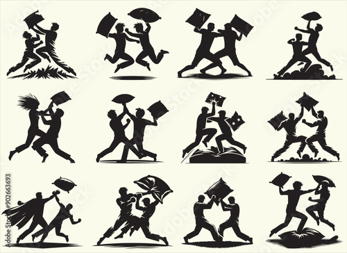 Pillow Fight Silhouette Vector Illustratio