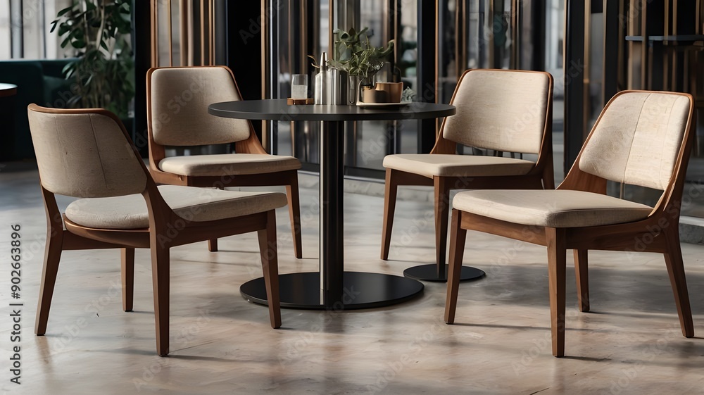 Fototapeta premium Set of modern luxury restaurant or café comfort chairs isolated on transparent background. Generative AI