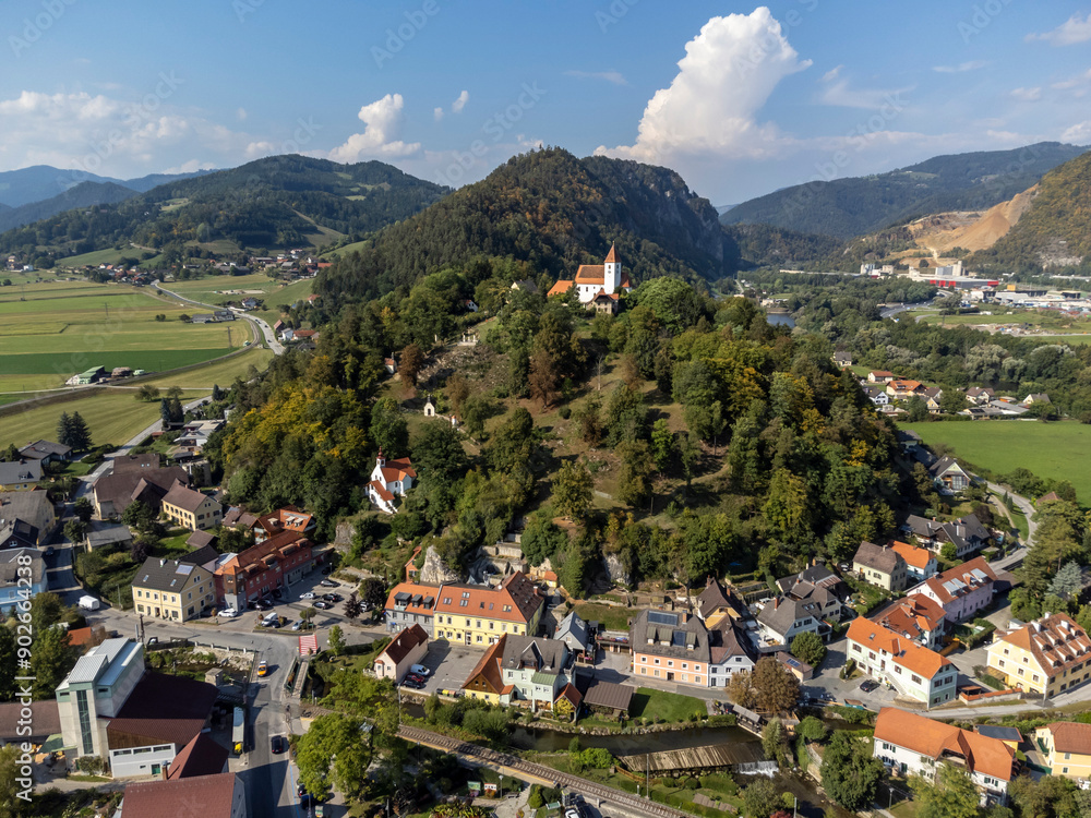 drone view of village Deutschfeistritz in Styria, Austria