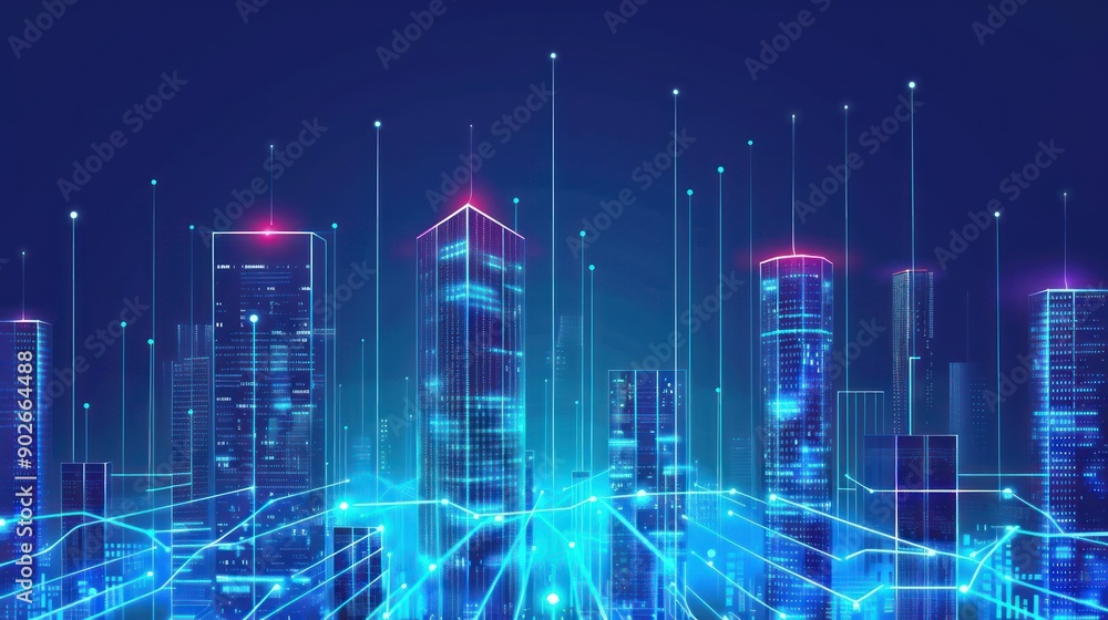 Fototapeta premium Futuristic Cityscape with Neon Lights and Interconnected Lines