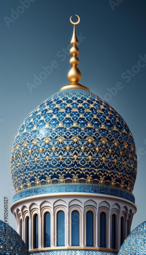 A blue and gold dome with intricate geometric patterns, topped with a crescent moon, against a clear sky.