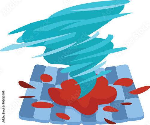 Cartoon illustration of a blue tornado tearing off roof tiles