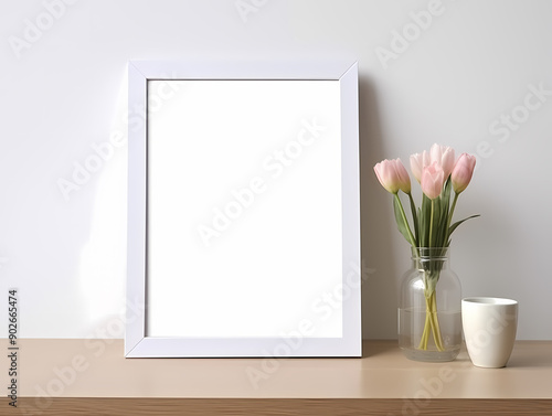Minimalist scene with a blank white picture frame, soft pink tulips in a glass vase, and a white coffee mug on a wooden shelf.