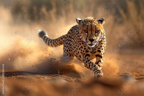 A cheetah sprints across the savanna, kicking up dust as it runs. The sun shines brightly, illuminating the cheetah's spots. photo