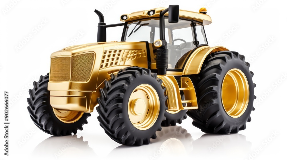 Golden tractor with big wheels isolated on white. Neural network ai generated art Golden tractor with big wheels isolated on white. Neural network ai generated art