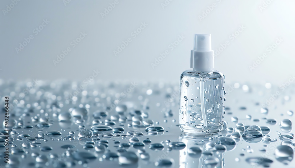 A close-up image of a clear glass bottle of water with a white spray nozzle. The bottle is sitting on a reflective surface that is covered in water droplets. The background is a pale blue color. A close-up image of a clear glass bottle of water with a white spray nozzle. The bottle is sitting on a reflective surface that is covered in water droplets. The background is a pale blue color.