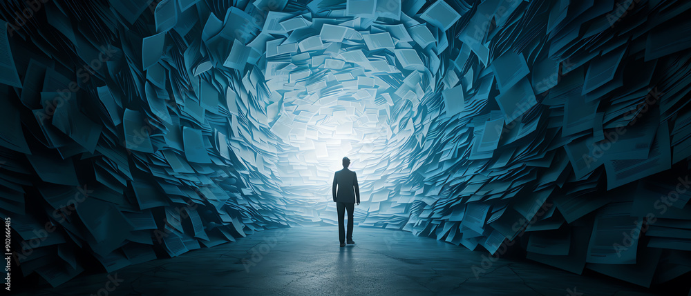 Businessperson walking into a labyrinth of tax forms, depicting tax complexity Businessperson walking into a labyrinth of tax forms, depicting tax complexity
