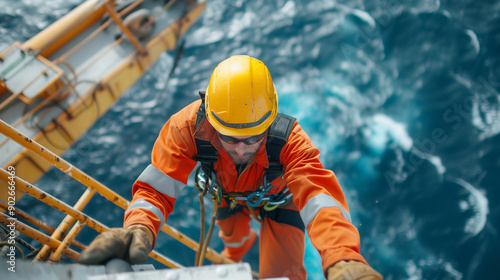 A photo of an oil and gas worker in the sea climbing on top, wearing orange safety with yellow helmet and protective glasses, working at high altitude on modern white container shi