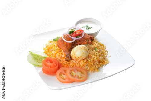 Принти на полотні traditional Indian fragrant yellow ginger nasi biryani rice with tandoori chicke
