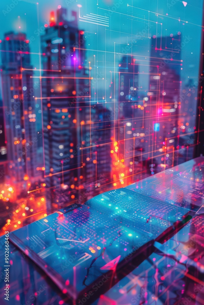 Obraz premium Futuristic Cityscape with Digital Overlay and Neon Lights at Night, High-Tech Urban Environment