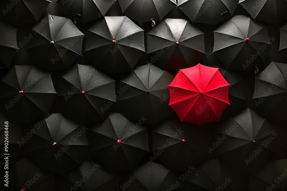 Black umbrellas arranged in rows with one red umbrella standing out.