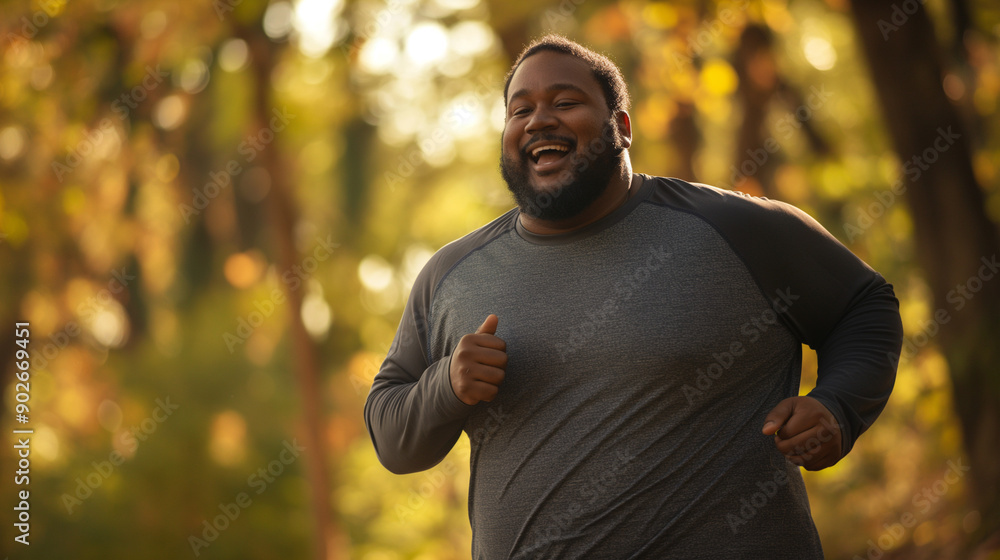 An overweight black man running in the park, wearing a long sleeve shirt with shorts and smiling at the camera An overweight black man running in the park, wearing a long sleeve shirt with shorts and smiling at the camera