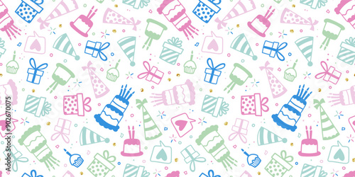 Fun hand drawn party seamless background with cakes, gift boxes, balloons and party decoration. Great for birthday parties, textiles, banners, wallpapers, wrapping - vector design