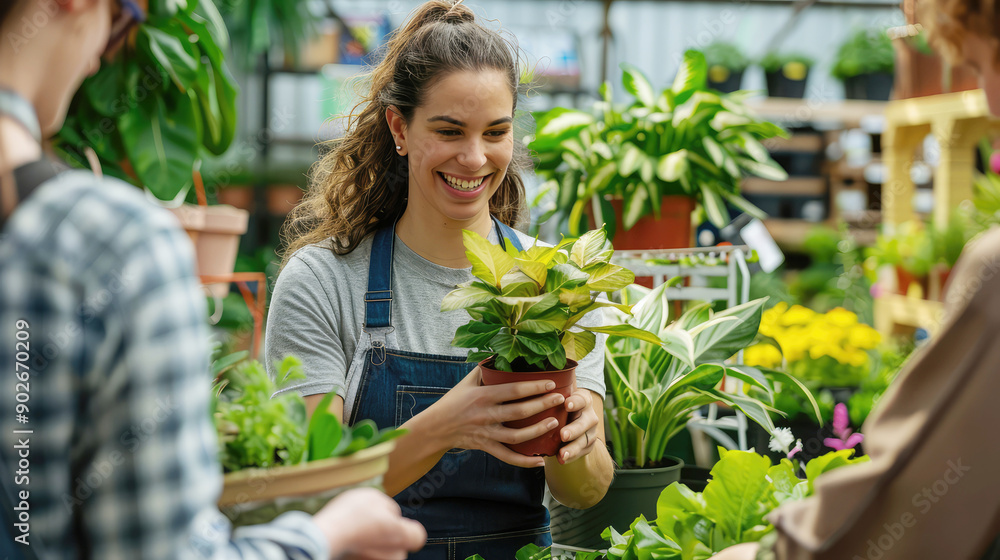 Young happy woman working in garden center handing potted plant to customer Young happy woman working in garden center handing potted plant to customer