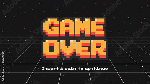 GAME OVER INSERT A COIN TO CONTINUE .pixel art .8 bit game.arcede screen.retro game. for game assets in vector illustrations.	