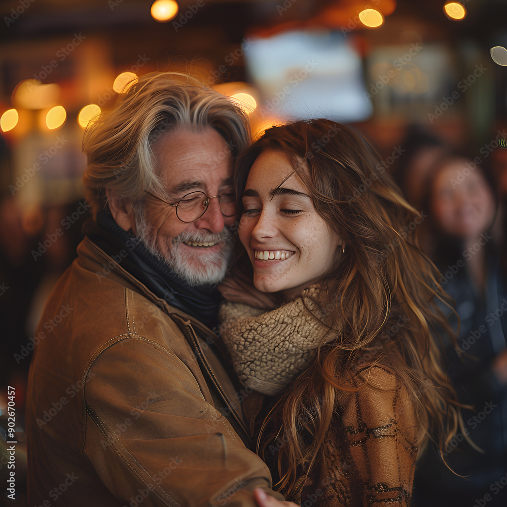 Joyful moment between an elderly men with white hair and glasses and young women, who is smiling brightly. The pair is seen warmly embracing each other amidst a festive atmosphere, at outdoor. Joyful moment between an elderly men with white hair and glasses and young women, who is smiling brightly. The pair is seen warmly embracing each other amidst a festive atmosphere, at outdoor.