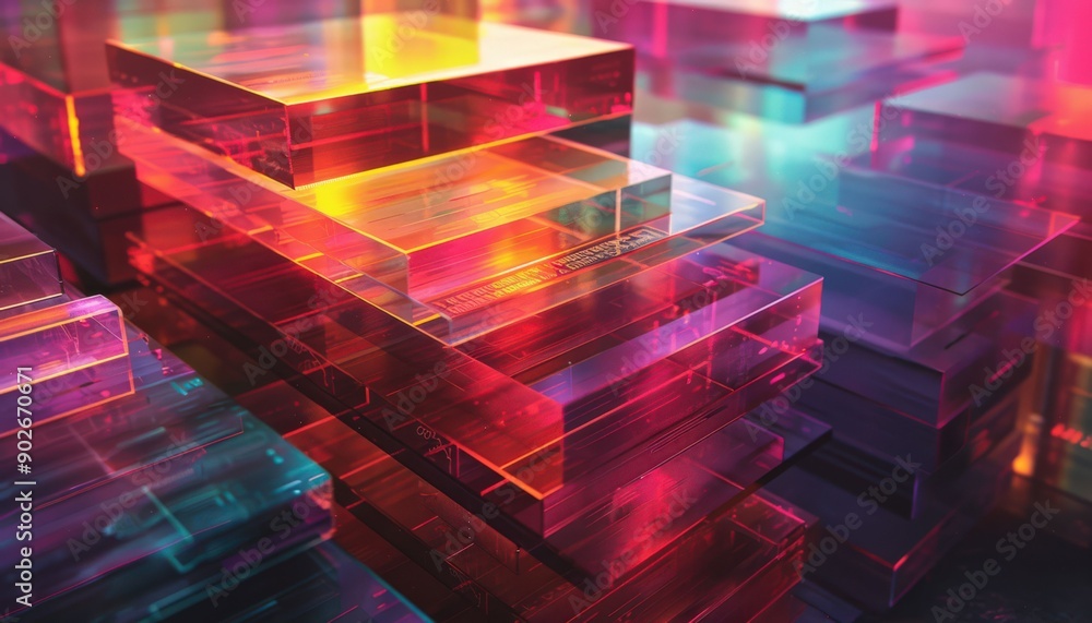 Fototapeta premium Vibrant Abstract Geometric Composition with Colorful Transparent Rectangles and Neon Lighting Effects