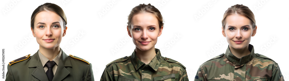 Set of portraits of women in military uniform on transparent background. Concept of patriotism, defense and war. Set of portraits of women in military uniform on transparent background. Concept of patriotism, defense and war.