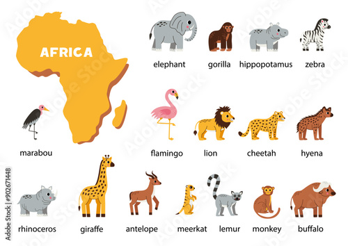 African animals set with names. Africa continent map.