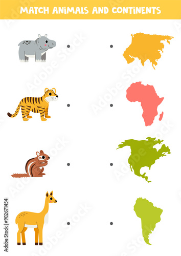 Match animals species with continents. Educational logical game.