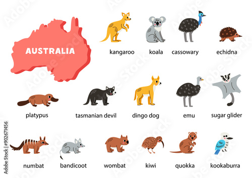 Australian animals set with names. Australia map of fauna.
