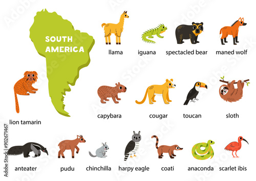 Cartoon south american animals set with names and map of south America.