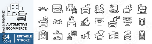 Automotive eCommerce web line icon. Vehicle Parts, Elite Garage, Automotive Tools, Auto Care, Car Electronics, Vehicle Maintenance.