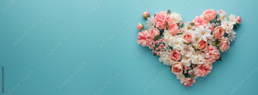 A heart-shaped arrangement of pink and white flowers on a blue background. Ideal for Valentine's Day, romance, or floral design themes. A heart-shaped arrangement of pink and white flowers on a blue background. Ideal for Valentine's Day, romance, or floral design themes.