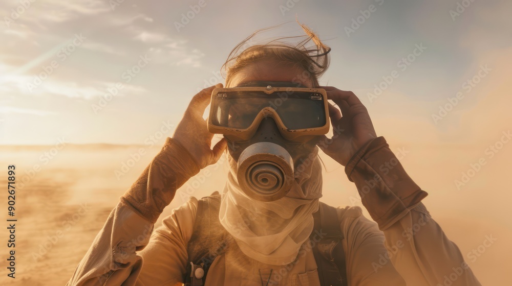 Explorer covering eyes with goggles while crossing a dusty desert terrain Explorer covering eyes with goggles while crossing a dusty desert terrain