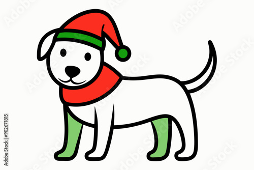 Vector Line Art of Christmas Cute Dog with Santa Claus Hat and Scarf in White Background