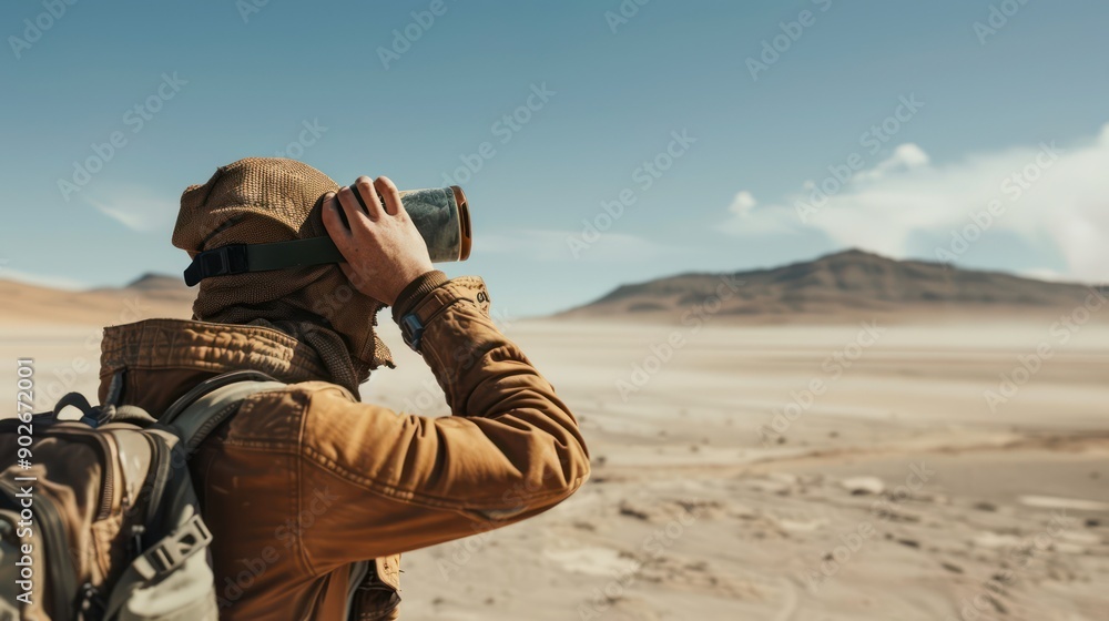Obraz premium Explorer covering eyes with goggles while crossing a dusty desert terrain