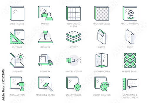 Glass types line icons. Vector illustration include icon - ferroglass, reinforced, frosted, privacy, strained, tempered, secure outline pictogram for mirrors. Editable Stroke, Green Color