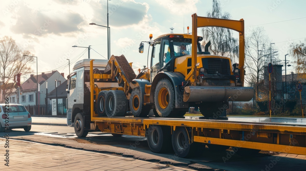 Construction machinery being loaded onto a flatbed trailer for transport Construction machinery being loaded onto a flatbed trailer for transport