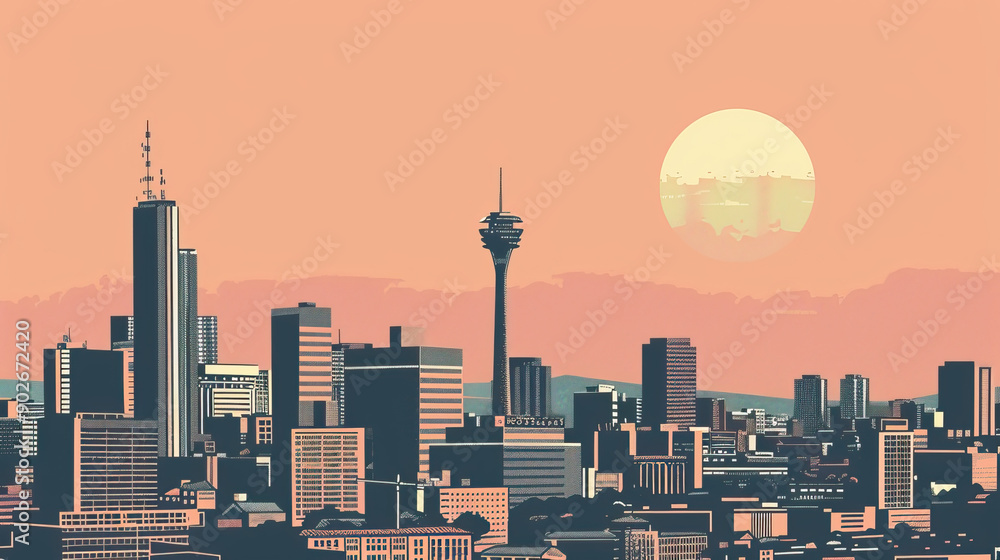 Obraz premium Risograph vibrant riso print travel poster, card, wallpaper or banner illustration, modern, isolated, clear, simple of Johannesburg, South Africa. Artistic, screen printing, stencil