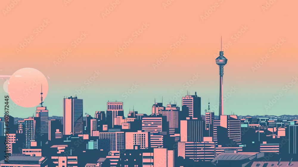 Fototapeta premium Risograph vibrant riso print travel poster, card, wallpaper or banner illustration, modern, isolated, clear, simple of Johannesburg, South Africa. Artistic, screen printing, stencil
