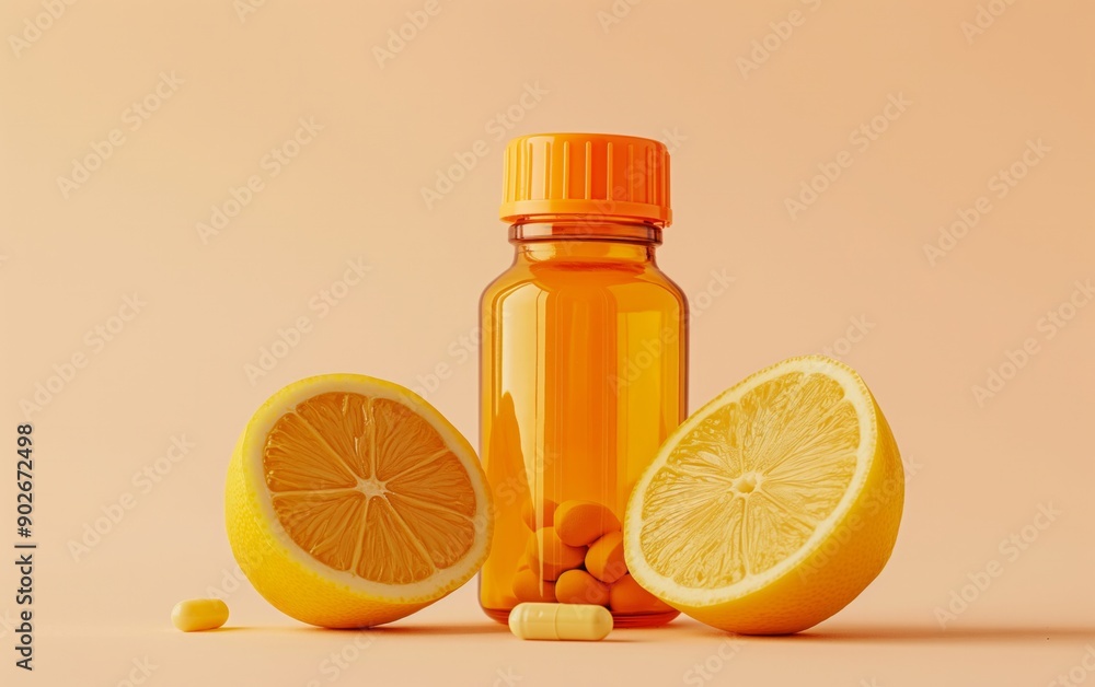 A health-themed still life featuring a bottle of vitamin C pills surrounded by sliced citrus fruits on an orange background. Suitable for health, wellness, or nutritional concepts. A health-themed still life featuring a bottle of vitamin C pills surrounded by sliced citrus fruits on an orange background. Suitable for health, wellness, or nutritional concepts.