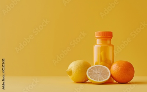 A yellow bottle of vitamins placed beside fresh lemons and oranges on a yellow background. Perfect for health, nutrition, or wellness themes.

 photo