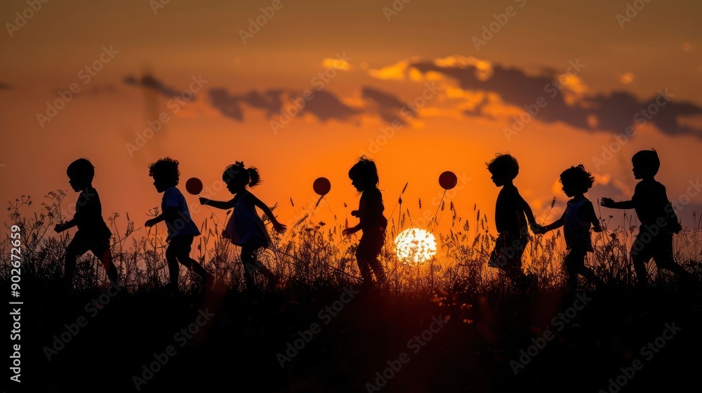 A group of children playing with balloons in a field at sunset A group of children playing with balloons in a field at sunset