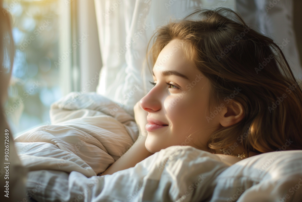 Happy young beautiful woman lying down on bed after wake up in the morning. Relaxing concept Happy young beautiful woman lying down on bed after wake up in the morning. Relaxing concept